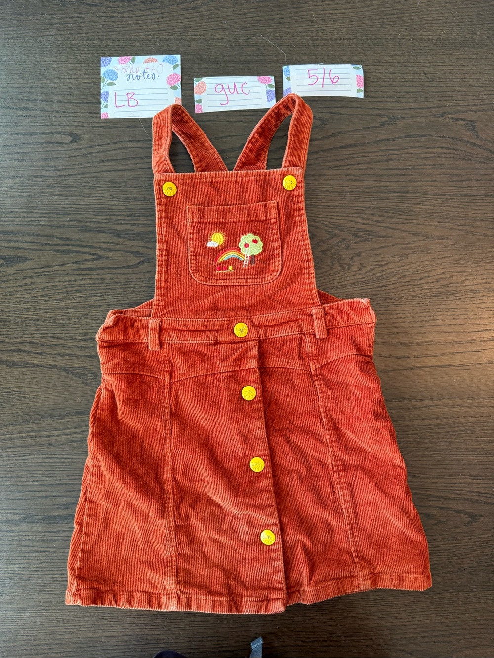 Little bird 5/6 Girls Orange Corduroy Overall Dress with Embroidered Pocket